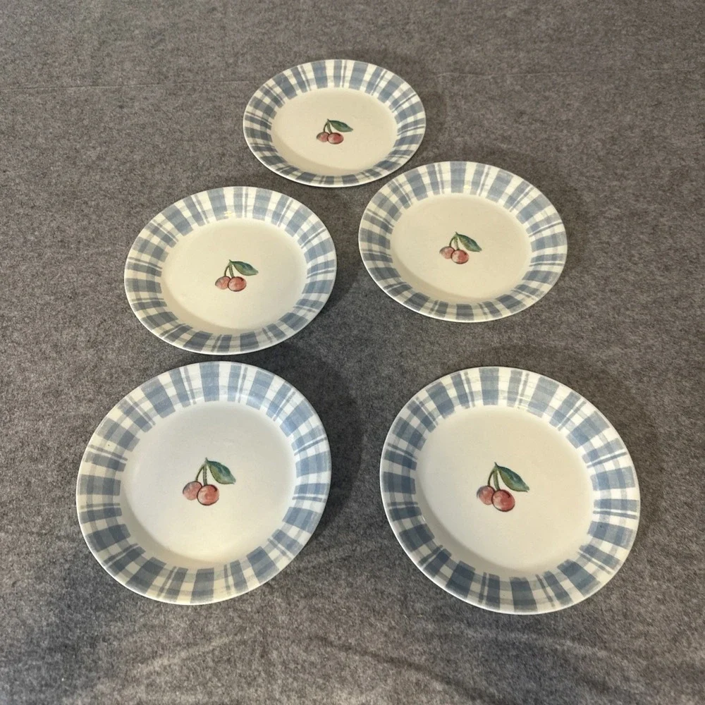 Corelle Set of‎ 5 Dessert Salad Plates Fruit Too Cherries Blue Plaid 7-1/4